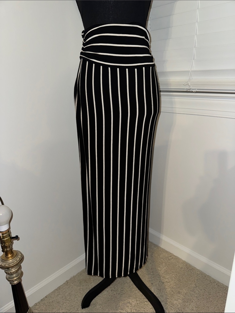 A. Byer Black and White Vertical Stripe Maxi Skirt